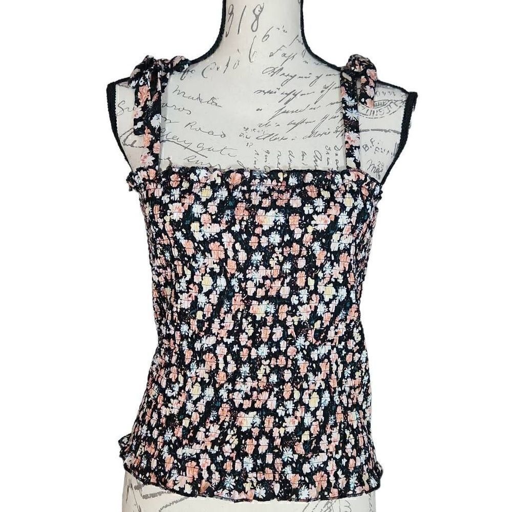 Crave Fame Women's Size Large Black Pink Floral Shirred Cami Tank w/ Tie Straps